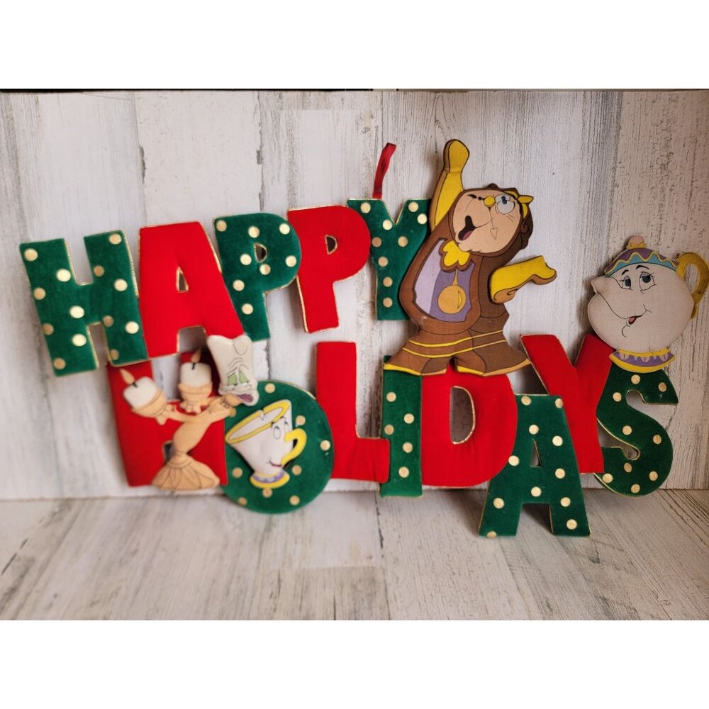 Vintage beauty beast‎ Disney Happy holidays fabric sign Xmas